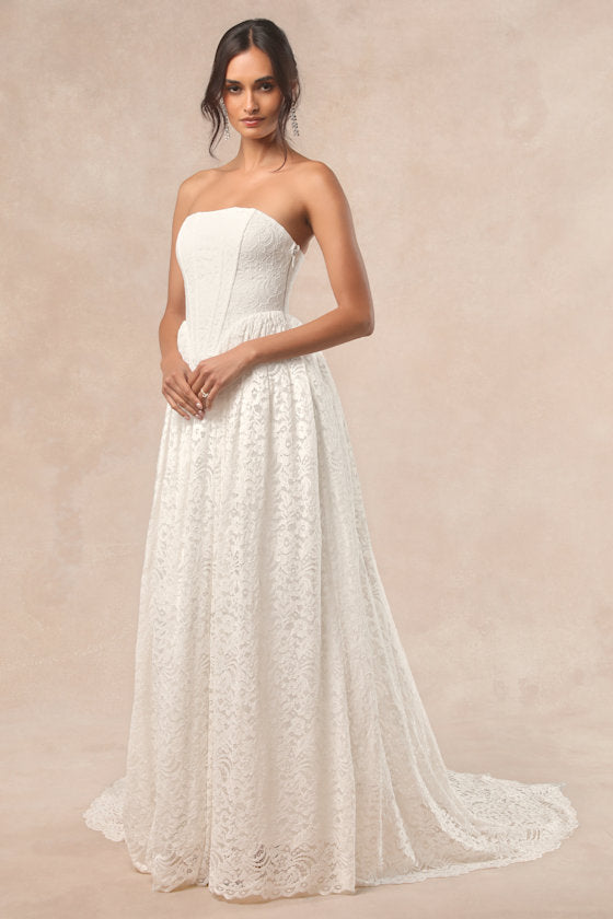 Shiori White Lace Bustier Basque Waist Strapless Maxi Dress