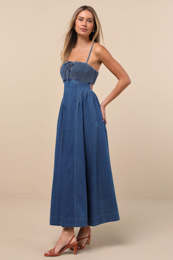 Laylie Medium Wash Denim Lace-Up Midi Dress