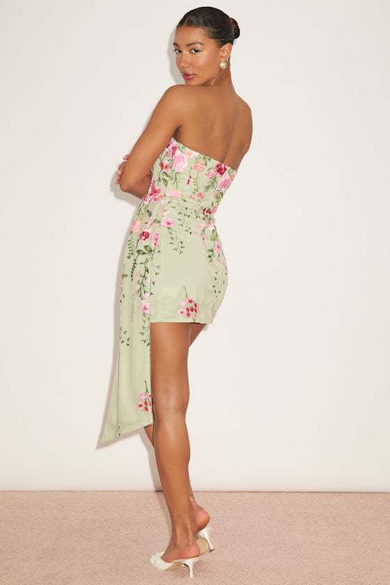 Aritz Light Pink Embroidered Sash Strapless Mini Dress