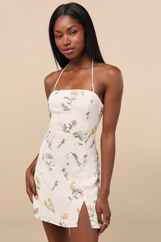 Catch the Bouquet Cream Floral Print Halter Lace-Up Mini Dress