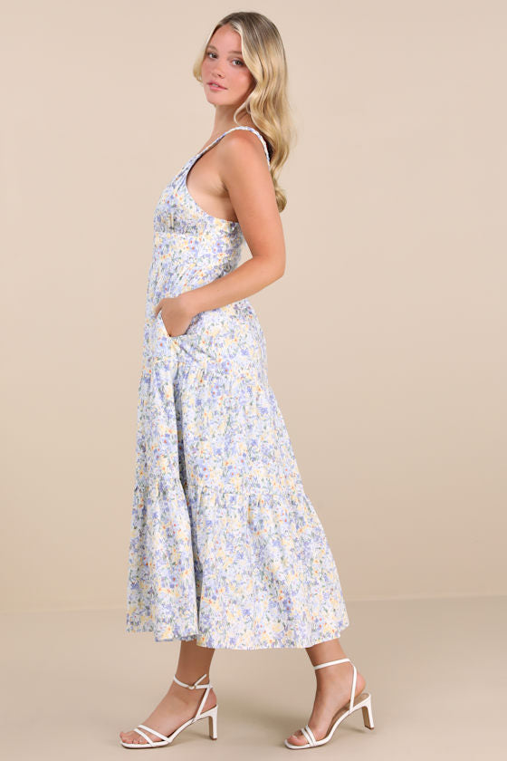 Brightly Blossoming Pink Multi Floral Tiered Midi Dress