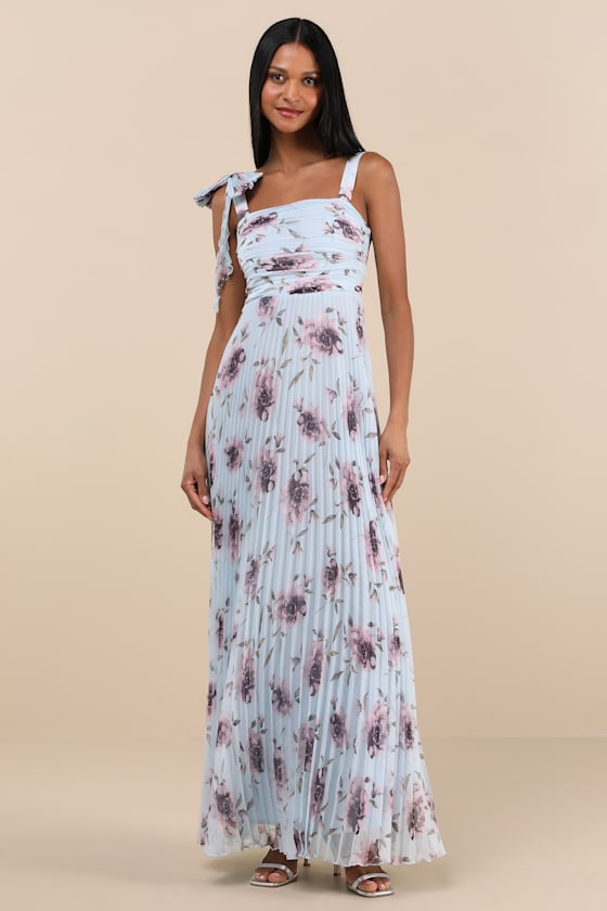Gorgeous Purpose Navy Floral Pleated Sleeveless Bow Maxi Dress
