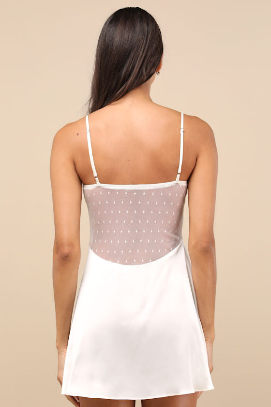 Damilia Ivory Sheer Lace Satin Lingerie Slip