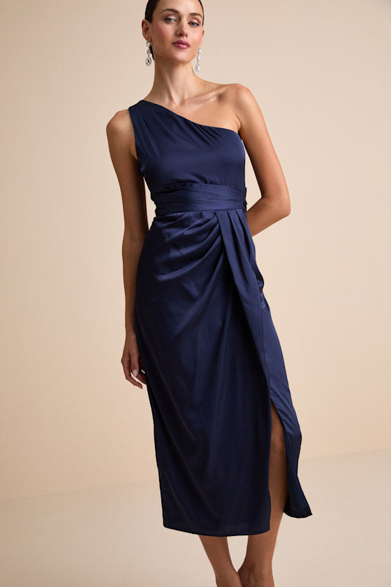 Rhema Blue Multi Abstract Print Satin Midi Dress