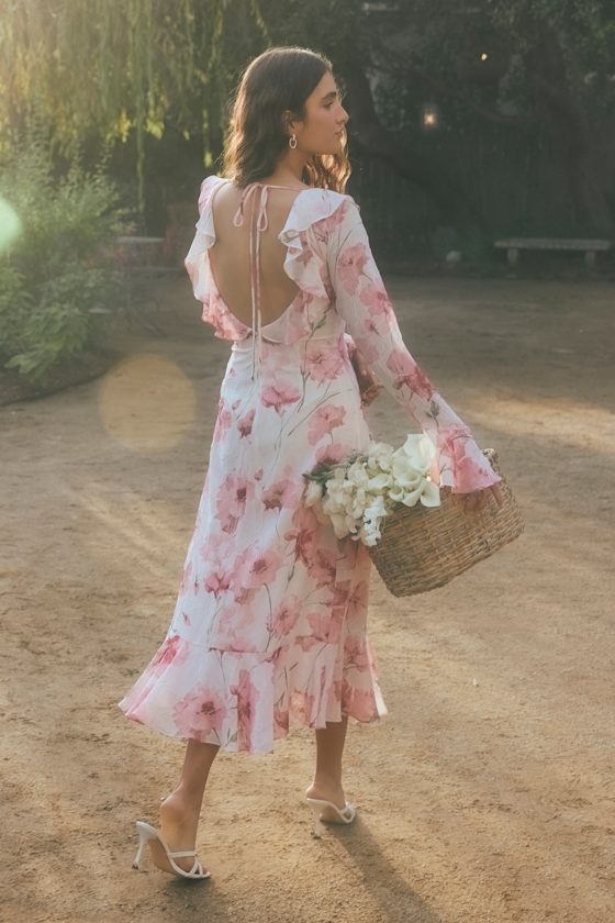 Rylia Ivory and Pink Floral Ruffled Midi Dress