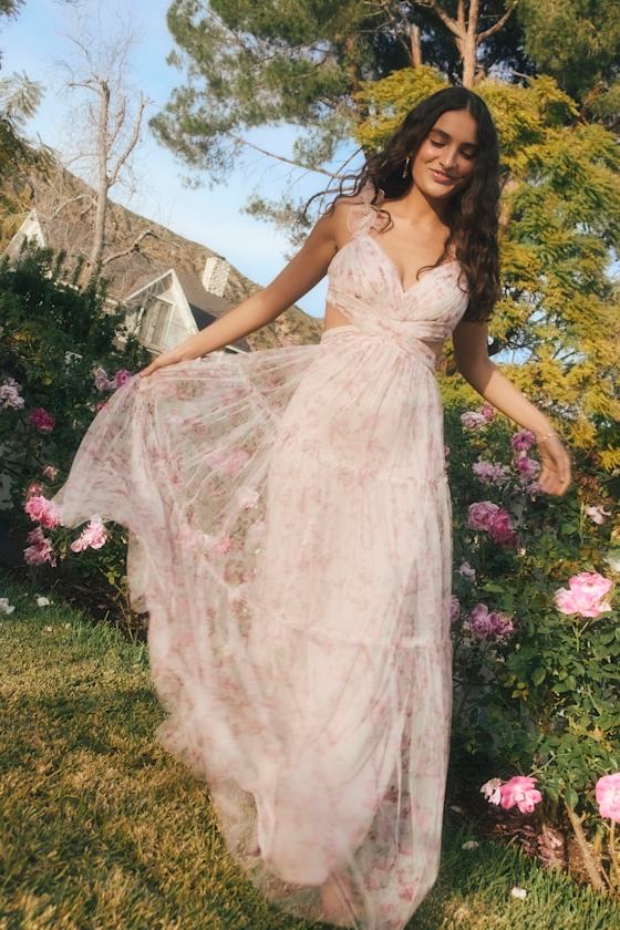 Ethereal Love Blush Floral Pleated Tiered Tie-Back Maxi Dress