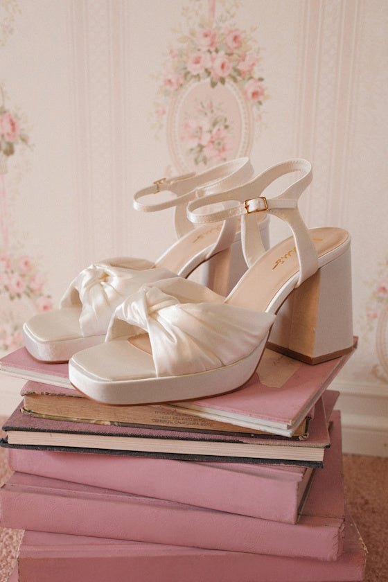Remie White Satin Knotted Platform High Heel Sandals