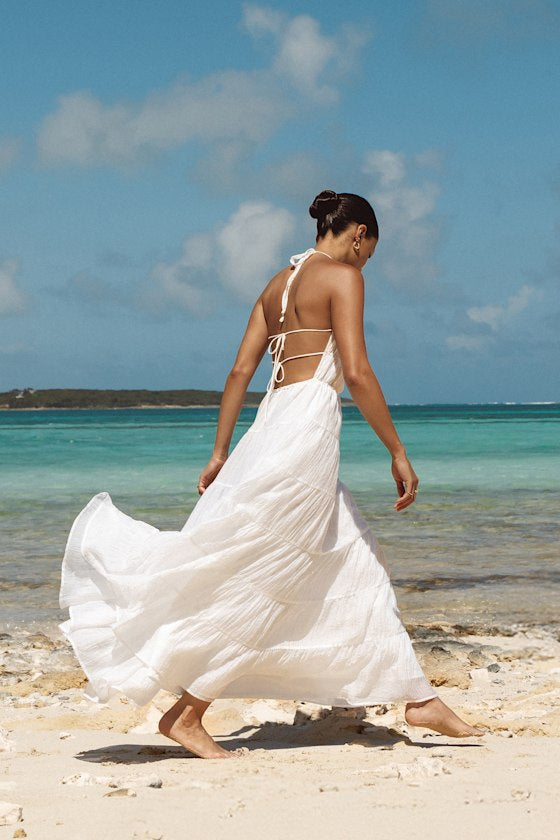 Ameera White Textured Tiered Backless Maxi Dress