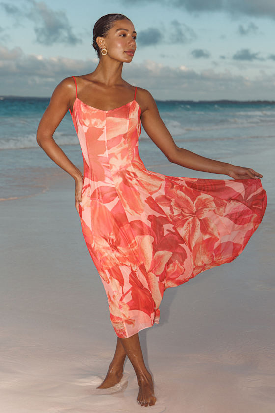 Atori Red Multi Floral Print Mesh Sleeveless Midi Dress