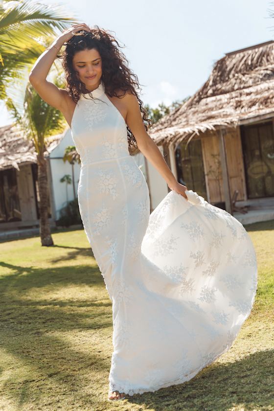 Dreamy Glamour White Embroidered Halter Mermaid Maxi Dress