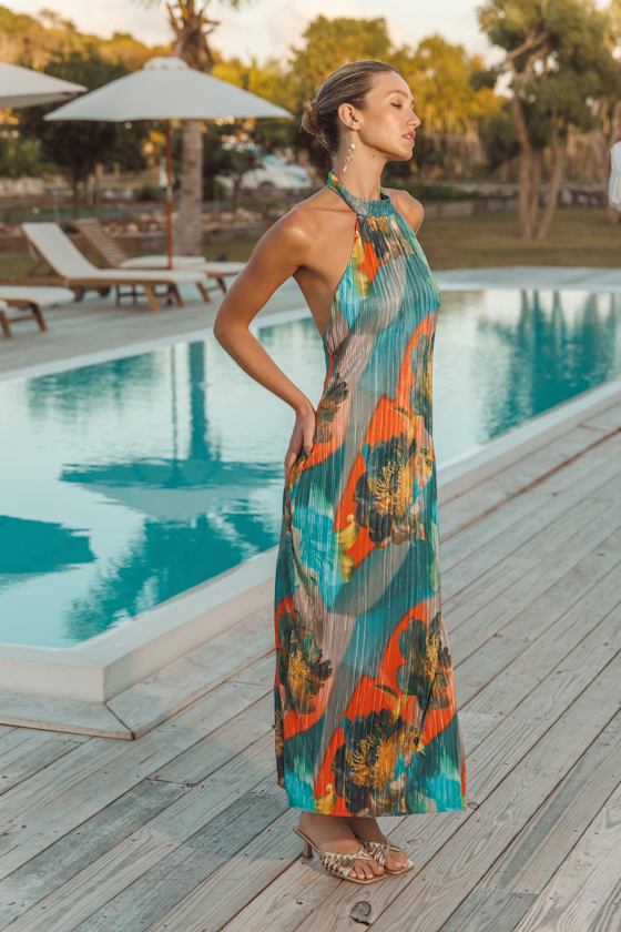 Luala Turquoise Multi Print Plisse Backless Maxi Dress