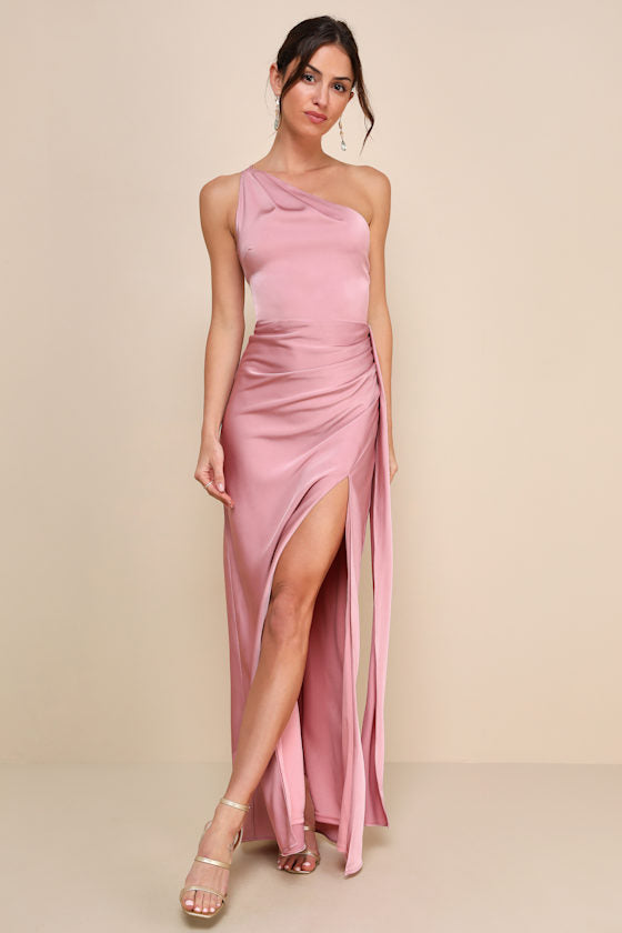 Signature Elegance Black Satin One-Shoulder Maxi Dress