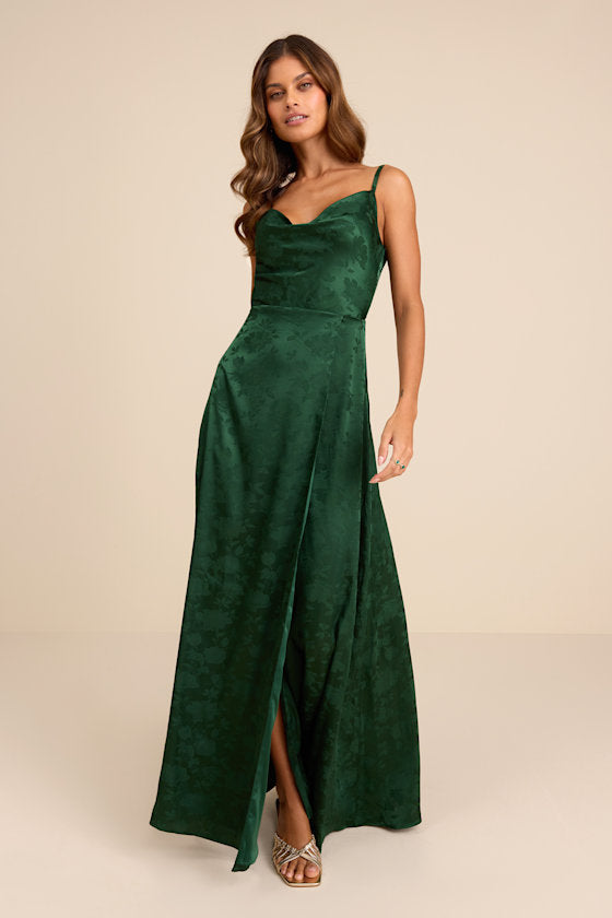 Simply Dreamy Emerald Green Satin Floral Jacquard Maxi Dress