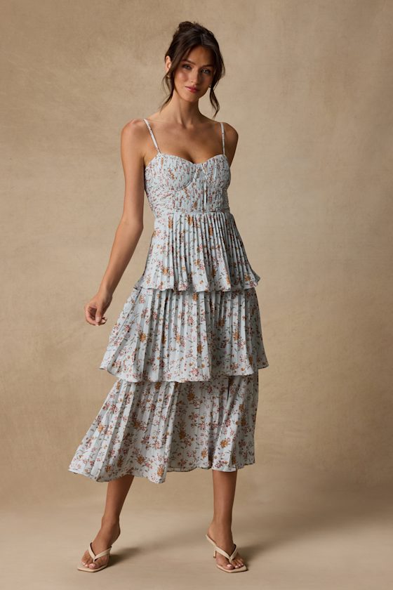 Cascading Crush Ivory Floral Print Tiered Bustier Midi Dress