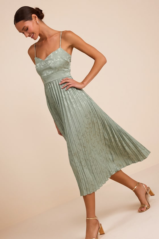 Regal Romance Black Floral Jacquard Pleated Satin Midi Dress