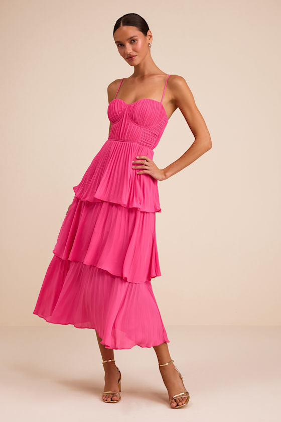 Cascading Crush Black Tiered Bustier Midi Dress