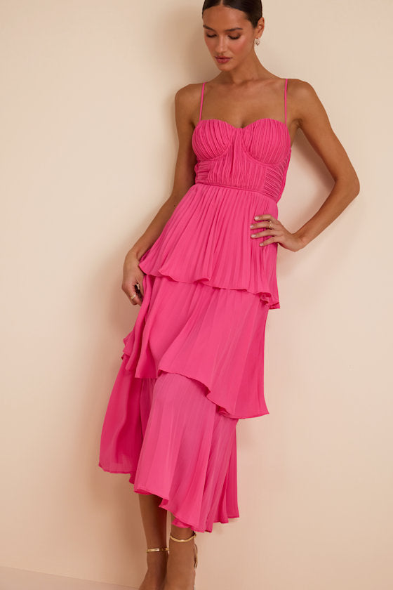 Cascading Crush Black Tiered Bustier Midi Dress