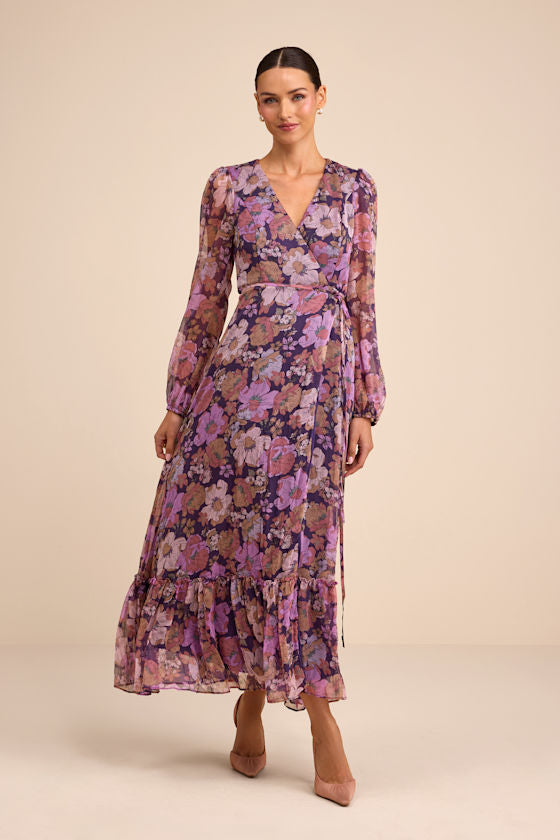 Feeling Sweet Navy Floral Print Long Sleeve Wrap Maxi Dress