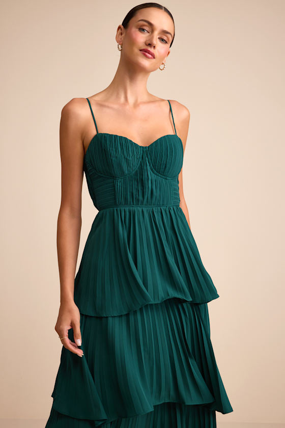 Cascading Crush Black Tiered Bustier Midi Dress