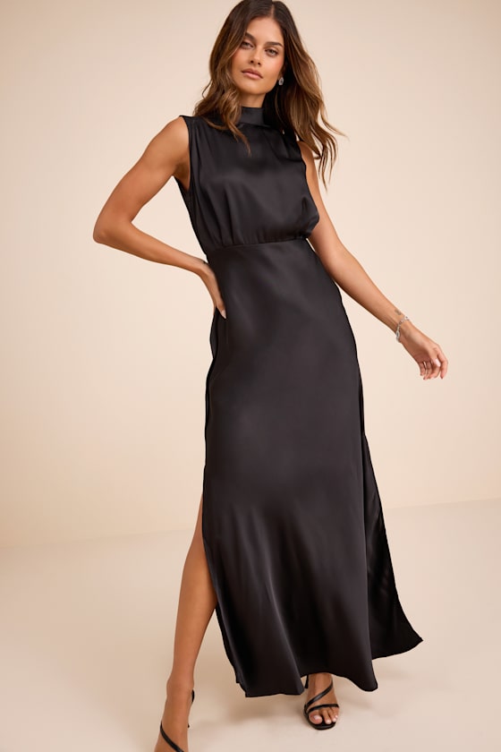 Classic Elegance Blush Satin Sleeveless Mock Neck Maxi Dress