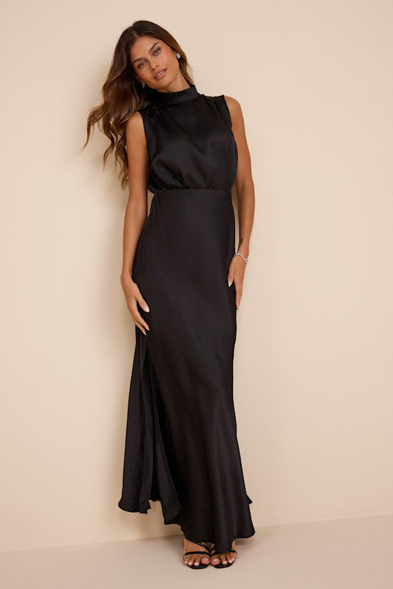 Classic Elegance Blush Satin Sleeveless Mock Neck Maxi Dress