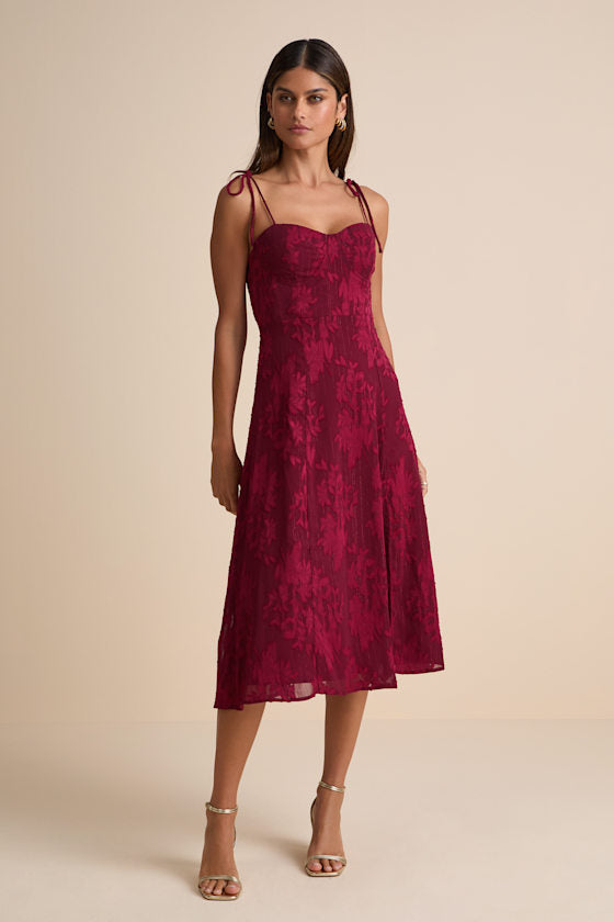 Loveliest Looks Black Floral Jacquard Tie-Strap Midi Dress
