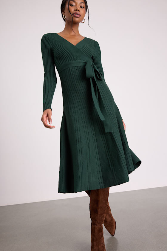 Warm Emotions Emerald Green Skater Midi Sweater Dress