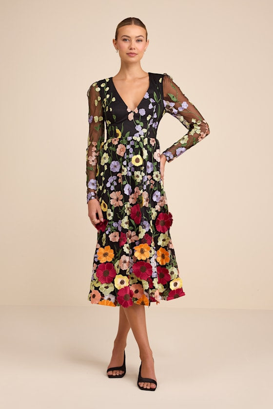 Impressive Blossom Black 3D Floral Embroidered Midi Dress