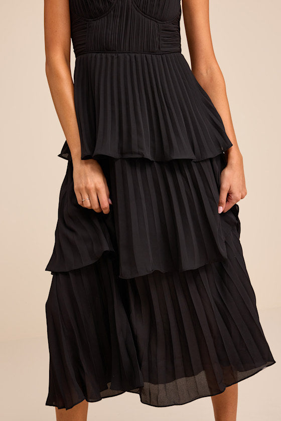Cascading Crush Blush Pink Tiered Bustier Midi Dress