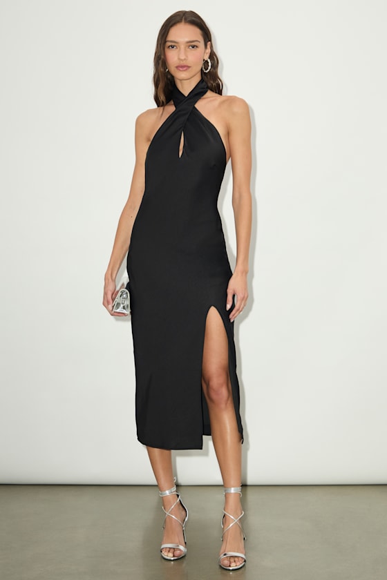 Beyond Classy Black Multi Abstract Print Satin Halter Midi Dress