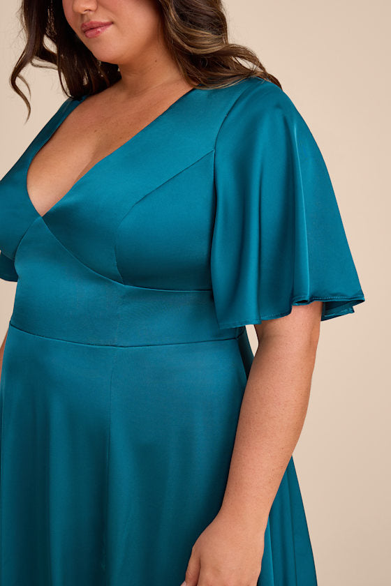Elegant Confidence White Satin Flutter Sleeve Cutout Maxi Dress