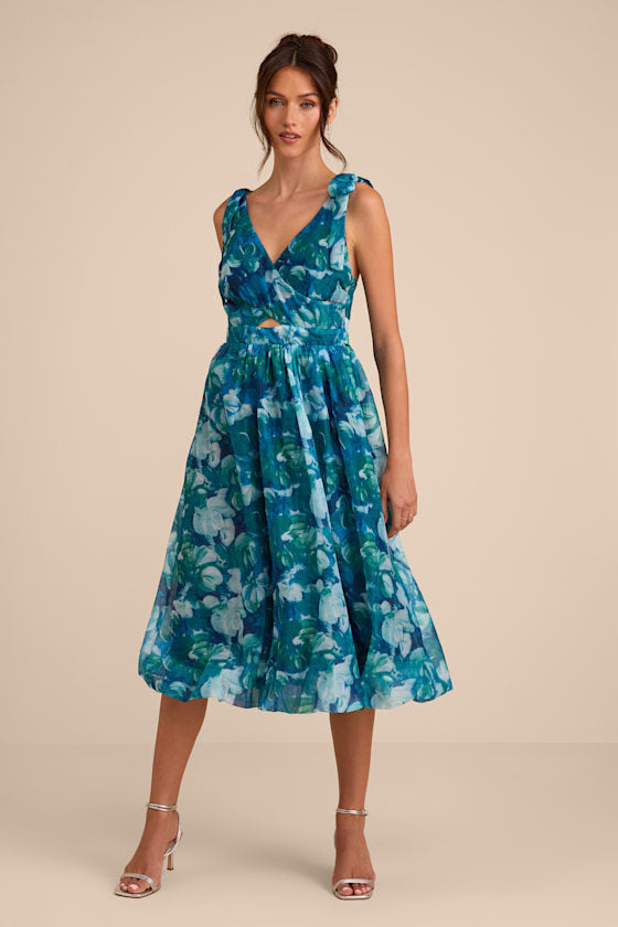 Flowering Day Dream Purple Floral Organza Midi Bubble Dress