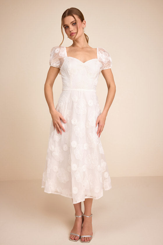 Sweetest Behavior White Embroidered Puff Sleeve Midi Dress