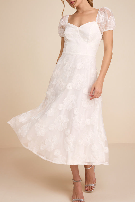 Sweetest Behavior White Embroidered Puff Sleeve Midi Dress