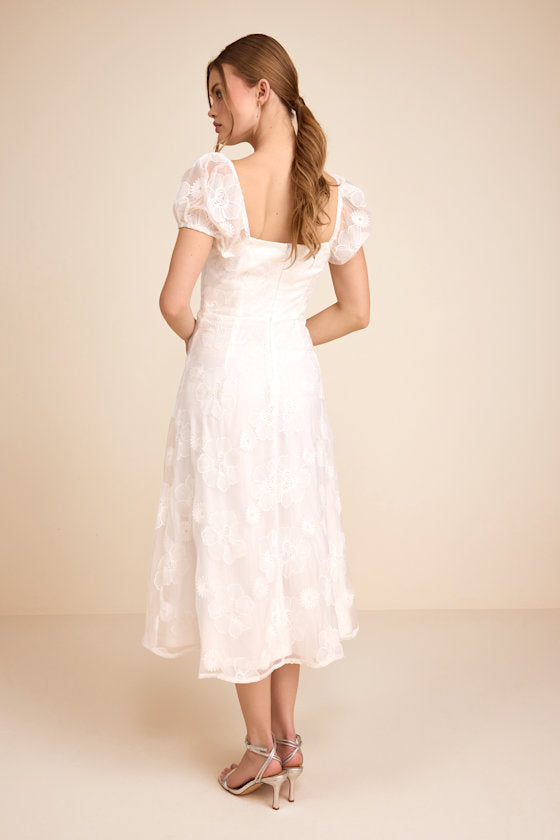 Sweetest Behavior White Embroidered Puff Sleeve Midi Dress