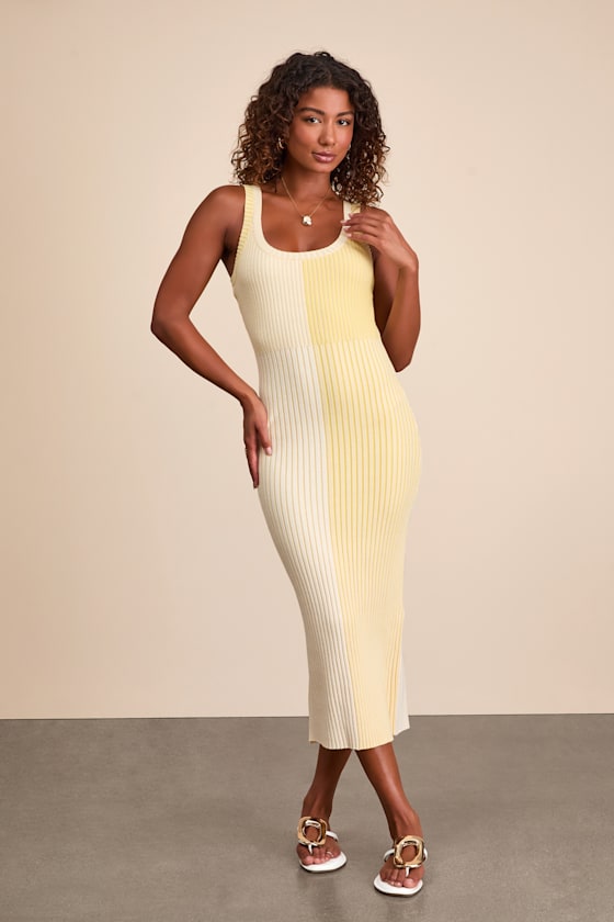 Radiant Personality Blue Color Block Ribbed Knit Midi Dress
