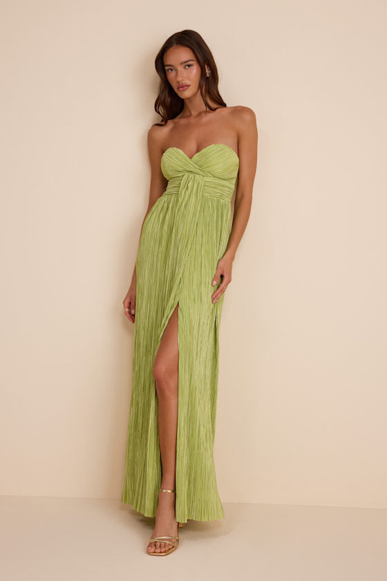 Oswin Light Blue Satin Plisse Strapless Maxi Dress
