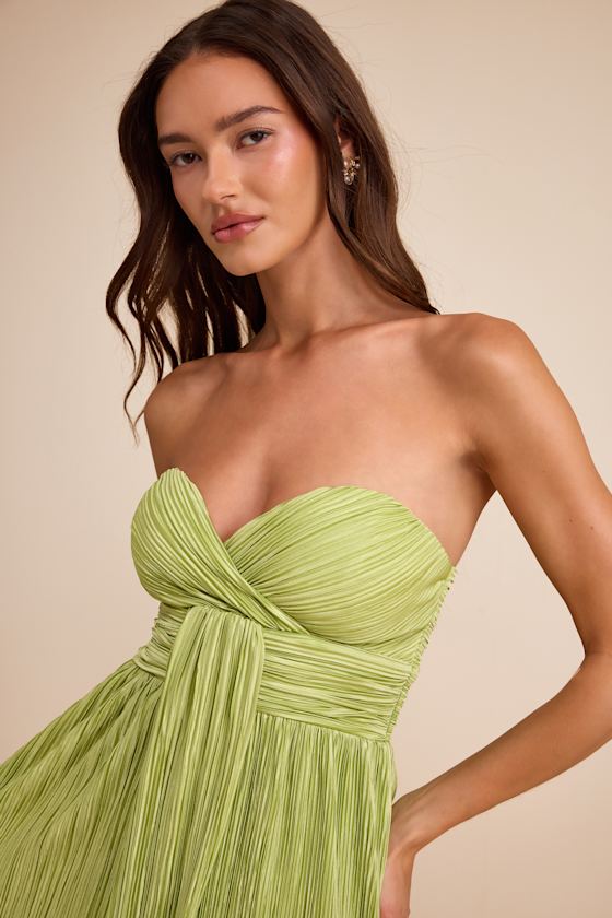Oswin Light Blue Satin Plisse Strapless Maxi Dress