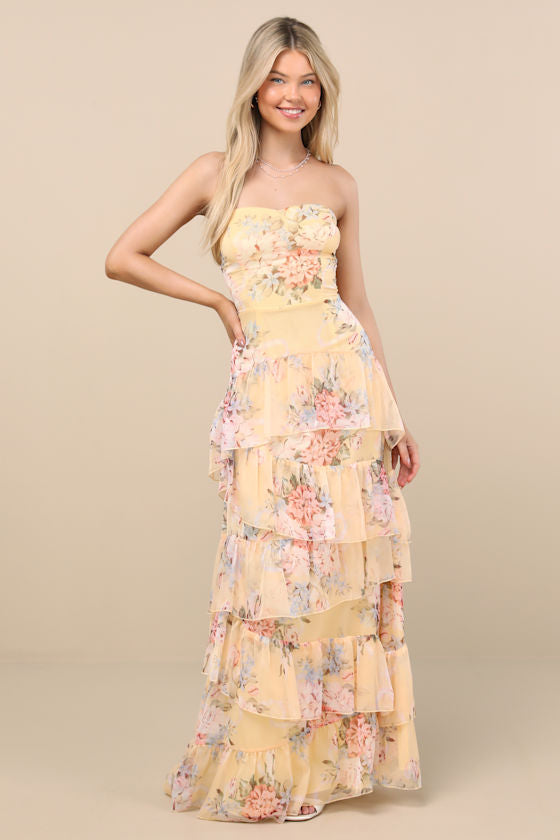 Niyati Blush Floral Strapless Tiered Maxi Dress