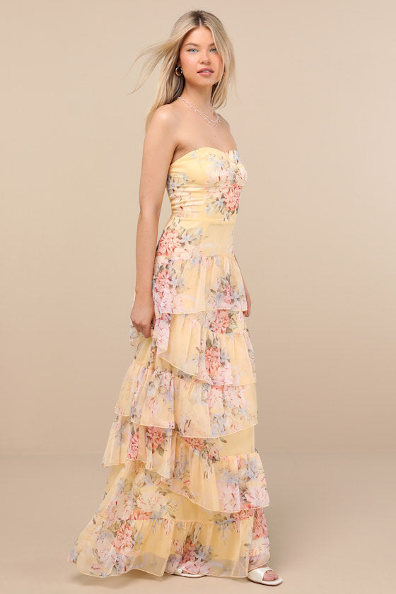 Niyati Blush Floral Strapless Tiered Maxi Dress