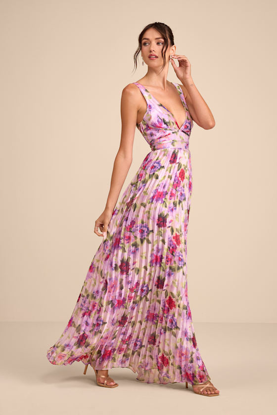 Morgana Pink Multi Floral Satin Pleated Maxi Dress
