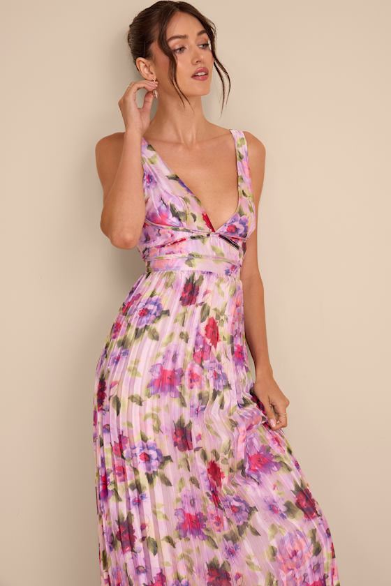 Morgana Pink Multi Floral Satin Pleated Maxi Dress