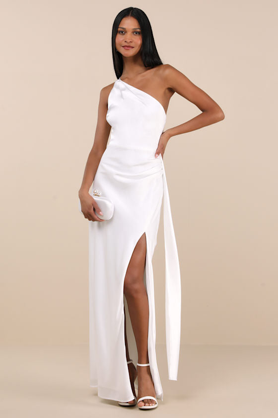 Signature Elegance Olive Green Satin One-Shoulder Maxi Dress