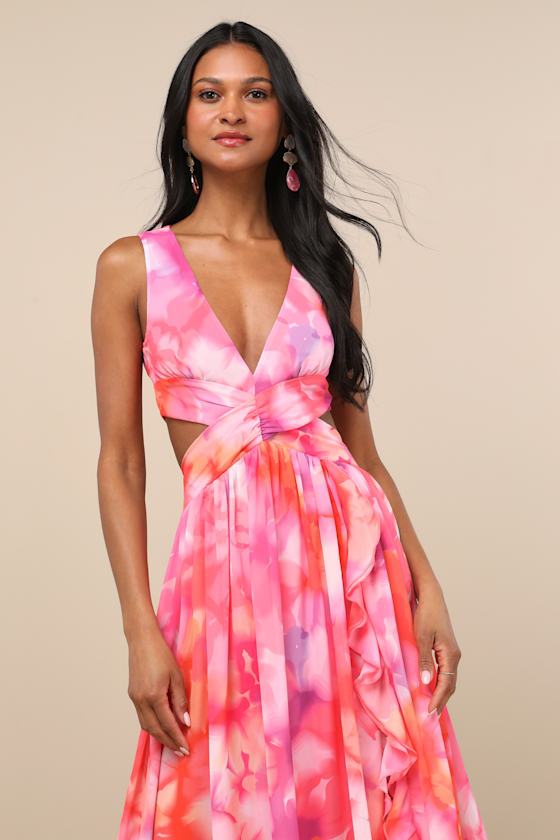 Elisanna Purple Multi Floral Lace-Up Midi Dress