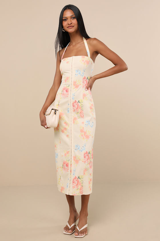 Arrosa White Floral Halter Midi Dress