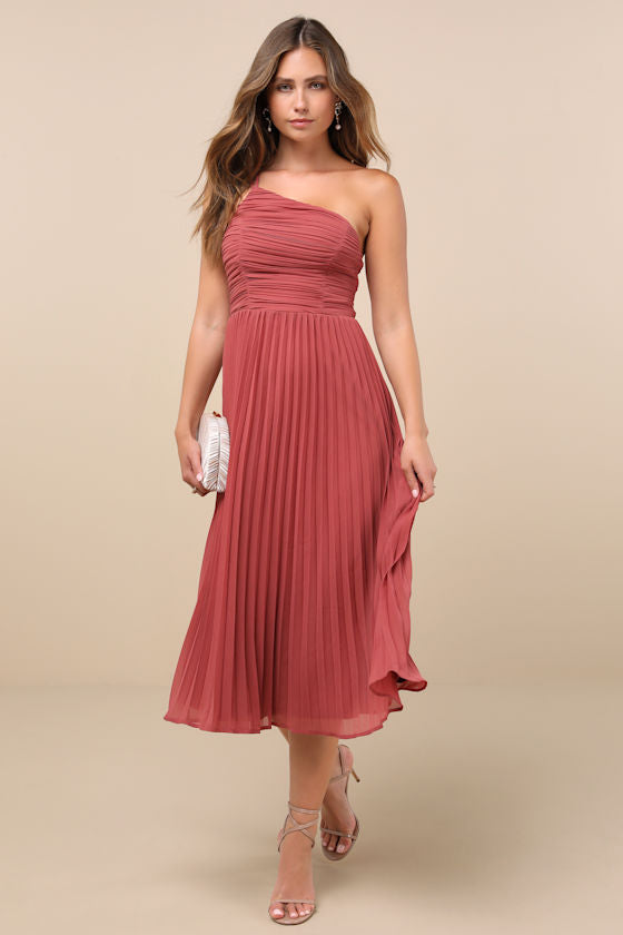 Wondrous Muse Plum Pleated One-Shoulder Midi Dress