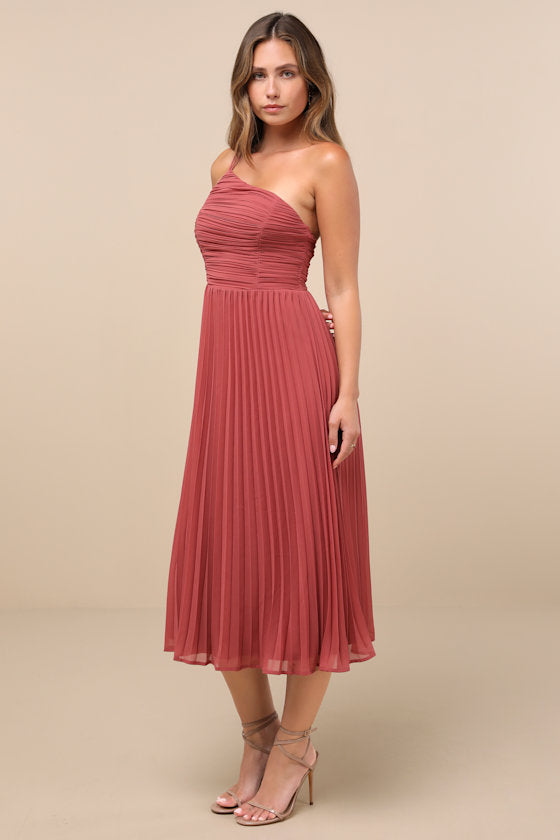Wondrous Muse Navy Blue Pleated One-Shoulder Midi Dress
