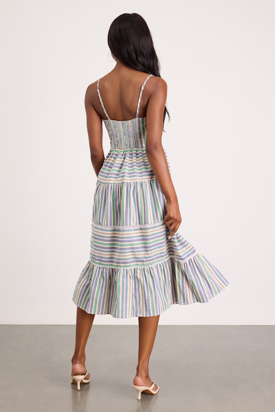 Journi Taupe Striped Tiered Midi Dress