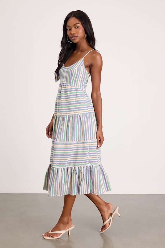 Journi Taupe Striped Tiered Midi Dress