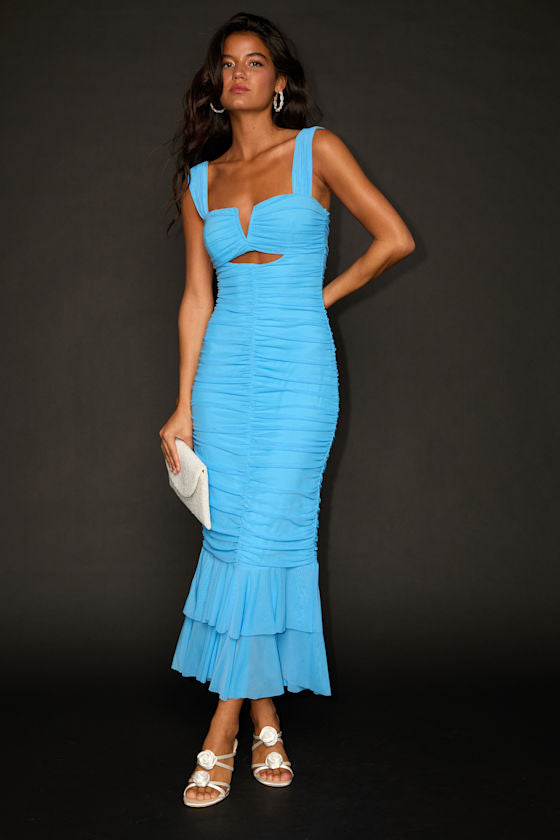 Aelara Hot Pink Mesh Ruched Trumpet Midi Dress